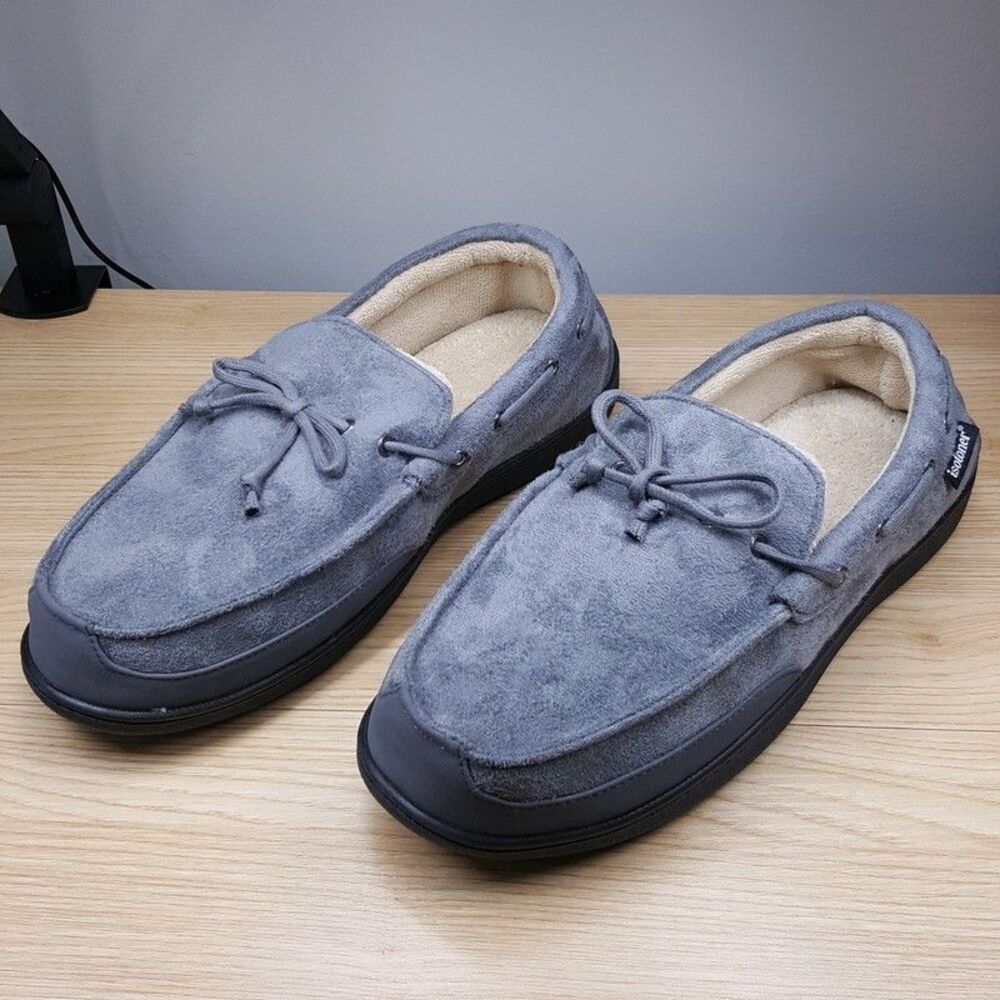 ISOTONER Slippers Mens Size 11 12 Grey Slip On Plush Lined Gel Memory Foam